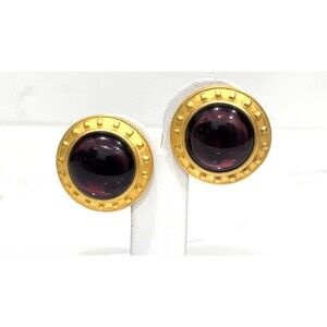 Vintage Leslie Block Earrings Clip Gold Tone Purple Statement Etruscan 80s 90s